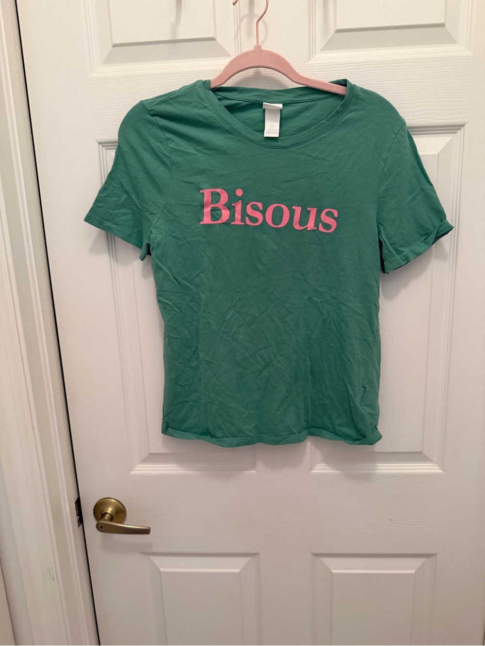 H&M Green Short-Sleeve Tee with Pink 'Bisous' Logo